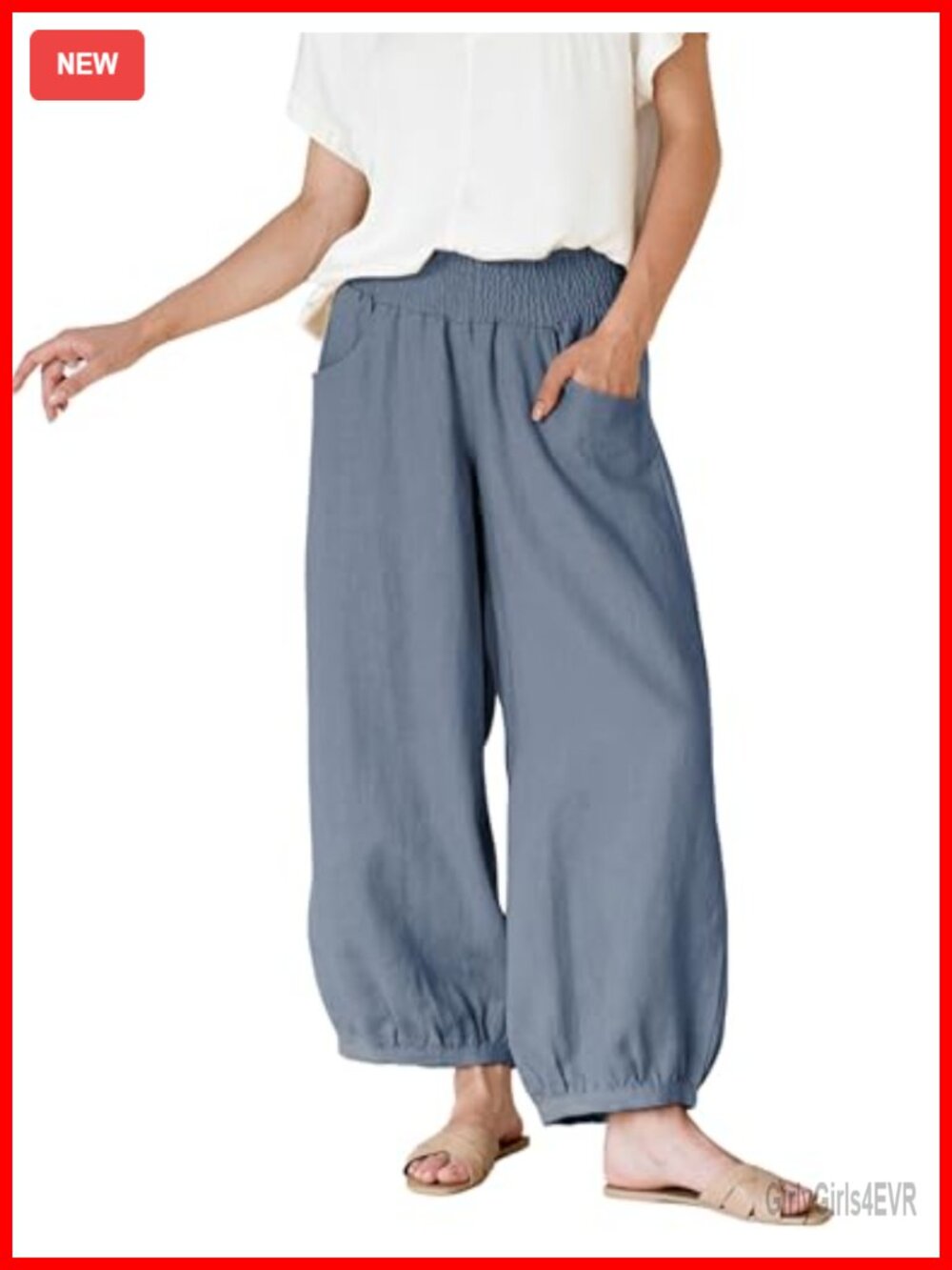Womens Wide Leg Barrel Pants Cotton Linen Elastic Waist Trouser